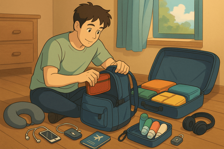 Ilustración estilo Ghibli de viajero empacando mochila